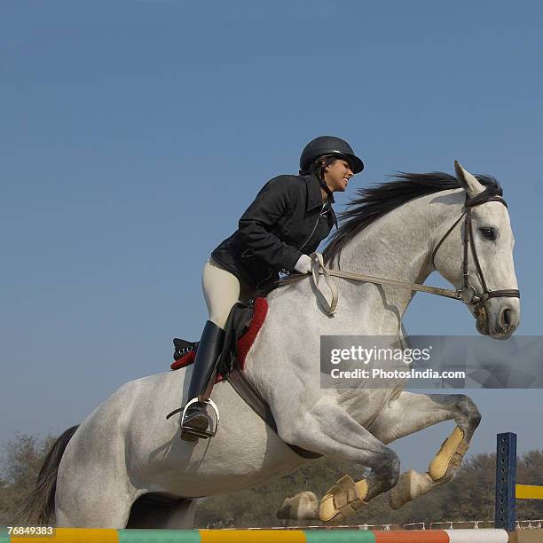 female jockey riding a horse and jumping over a hurdle - springpferde stock-fotos und bilder