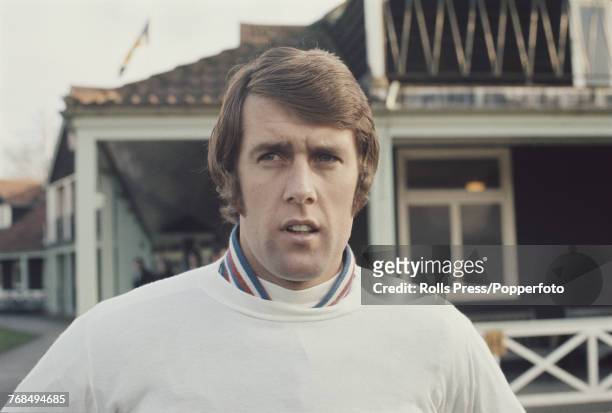English professional footballer and forward with West Ham United Football Club, Geoff Hurst pictured attending a training session with the England...