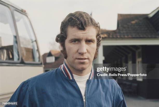 English professional footballer and striker with Chelsea Football Club, Peter Osgood pictured attending a training session with the England national...