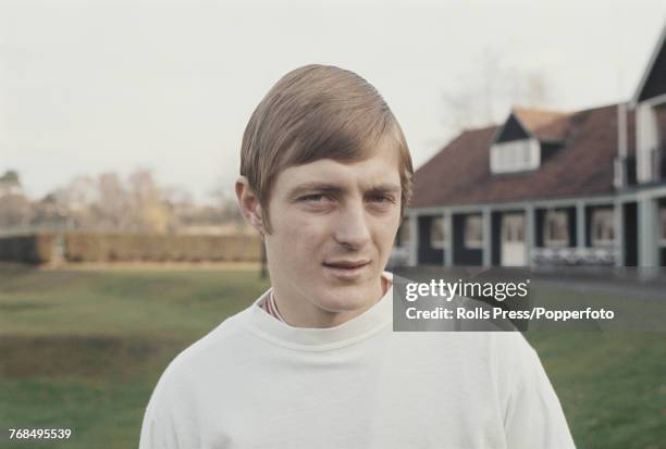 English professional footballer and striker with Leeds United Football Club, Allan Clarke pictured attending a training session with the England...