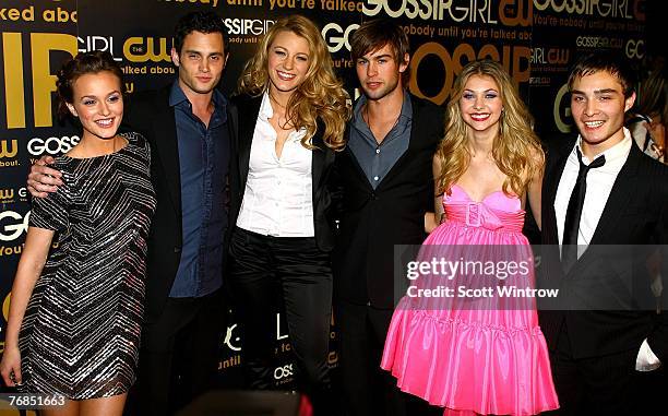 Actors Leighton Meester, Penn Badgley, Blake Lively, Chace Crawford, Taylor Momsen and Ed Westwick attend the launch party for CW Network's "Gossip...