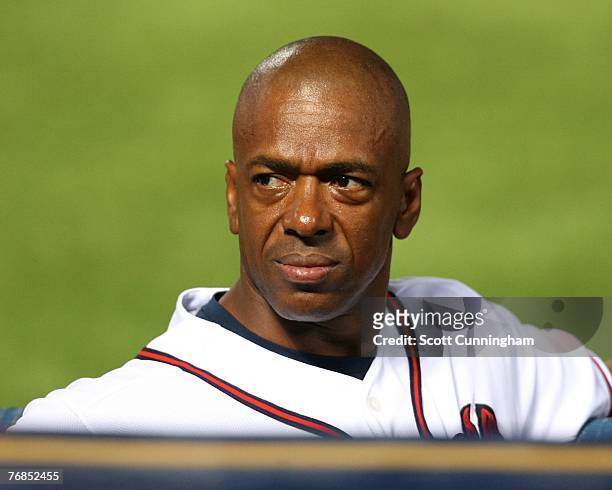Julio Franco of the Atlanta Braves watches play against the Florida Marlins at Turner Field on September 18, 2007 in Atlanta, Georgia. The Braves...