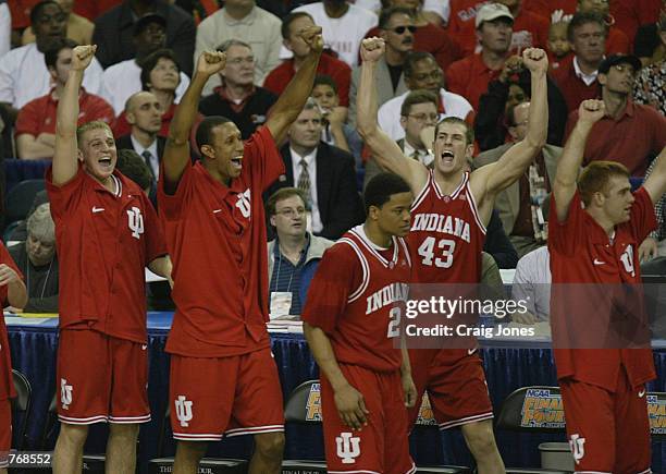 The Indiana University Hoosers celebrate during the semifinal round of the NCAA Men's Final Four against the Oklahoma University Sooners at the...