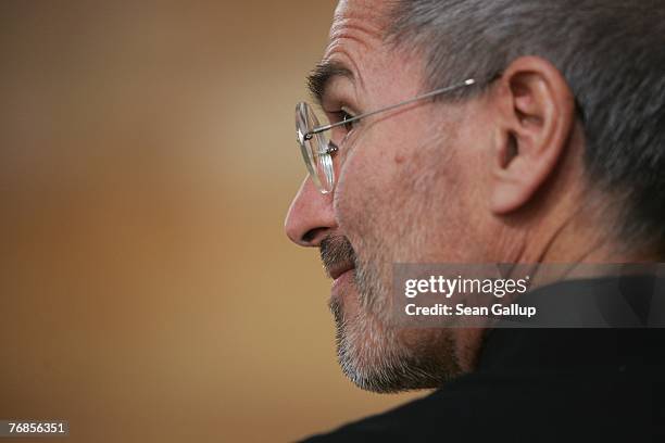 Apple head Steve Jobs speaks arrives at a press conference to announce that T-Mobile will be the partner for selling the iPhone in Germany September...