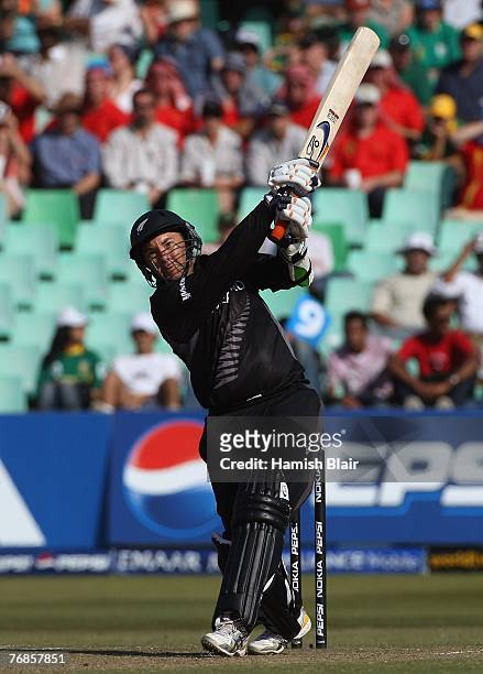 Craig McMillan of New Zealand hits out during the ICC Twenty20 Cricket World Championship Super Eights match between South Africa and New Zealand at...