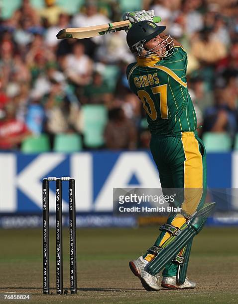 Herschelle Gibbs of South Africa top edges for four to third man during the ICC Twenty20 Cricket World Championship Super Eights match between South...
