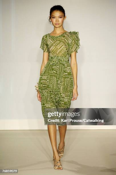 Model walks down the catwalk at the Duro Olowu Spring Summer 2008 show as part of London Fashion Week at the Colombia Hotel on September 18, 2007 in...