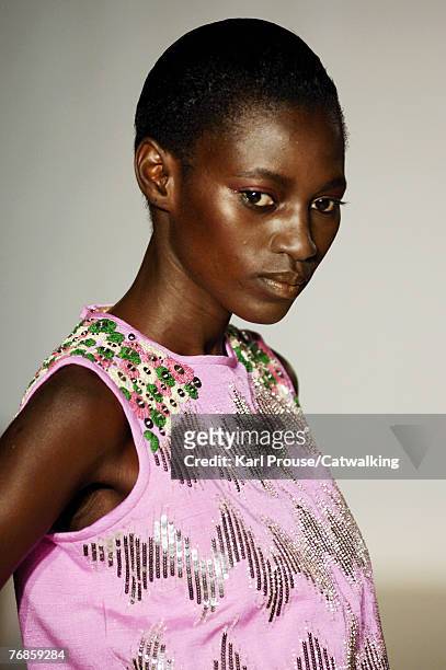 Model walks down the catwalk at the Duro Olowu Spring Summer 2008 show as part of London Fashion Week at the Colombia Hotel on September 18, 2007 in...