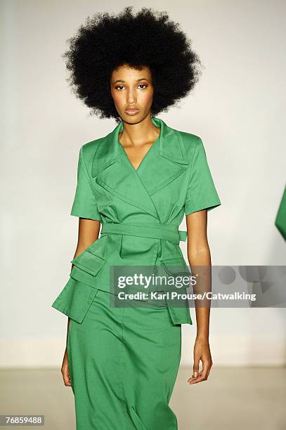 Model walks down the catwalk at the Duro Olowu Spring Summer 2008 show as part of London Fashion Week at the Colombia Hotel on September 18, 2007 in...
