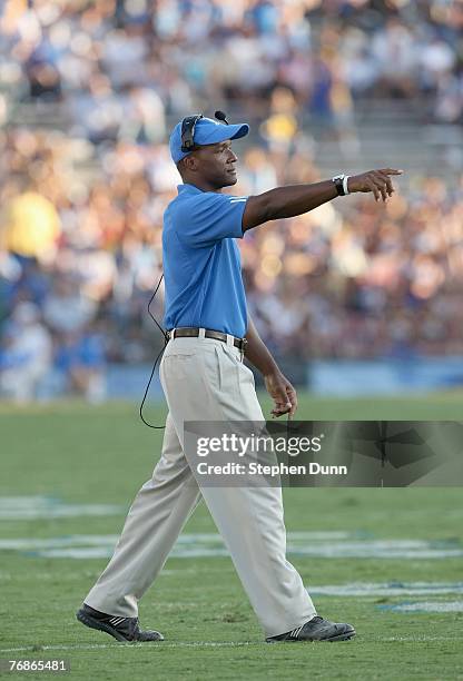 Head coach Karl Dorrell of the UCLA Bruins gestures during the game with the BYU Cougars on September 8, 2007 at the Rose Bowl in Pasadena,...