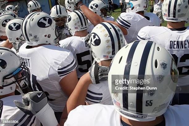 The BYU Cougars huddle before the game against the UCLA Bruins on September 8, 2007 at the Rose Bowl in Pasadena, California. UCLA won 27-17.