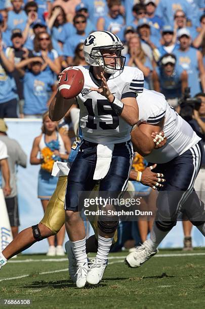 Quarterback Max Hall of the BYU Cougars throws a pass against the UCLA Bruins on September 8, 2007 at the Rose Bowl in Pasadena, California. UCLA won...