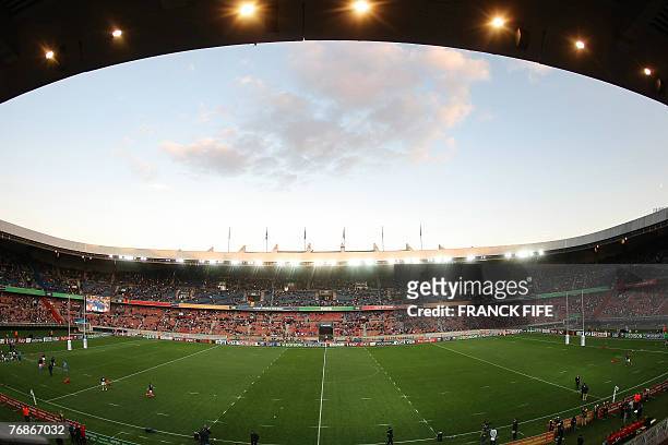 Picture shows a general view of the Parc des Princes stadium in Paris as players train prior to the rugby union World Cup group C match Italy vs....