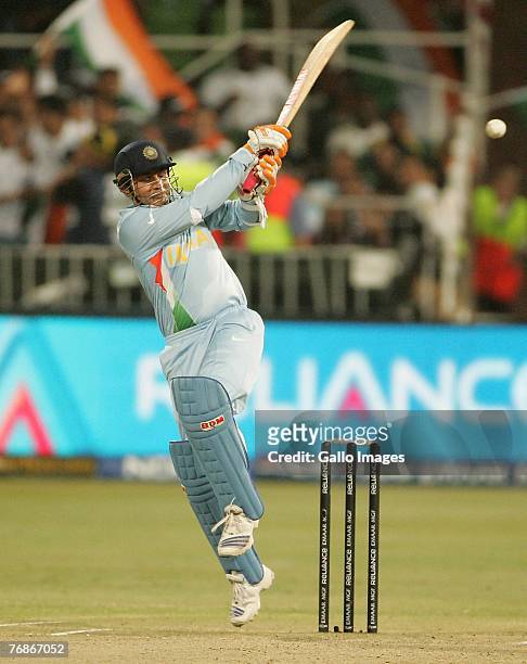 September: Virender Sehwag hits another boundary during the ICC Twenty20 Cricket World Championship Super Eights match between England and India at...