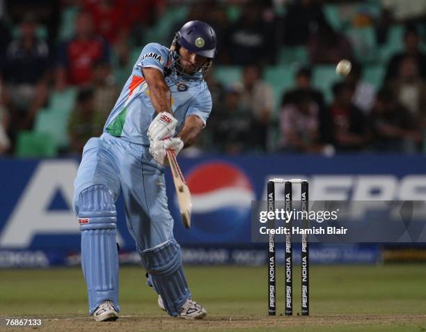 Yuvraj Singh of India hits a six of Andrew Flintoff of England during the final over of the innings during the ICC Twenty20 Cricket World...