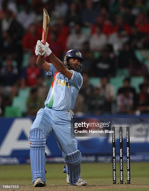 Yuvraj Singh of India hits a six of Andrew Flintoff of England during the final over of the innings during the ICC Twenty20 Cricket World...