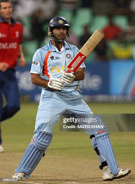 Indian cricket team player Yuvraj Singh looks back after playing a shot in the ICC World Twenty20 cricket championship match against England at the...