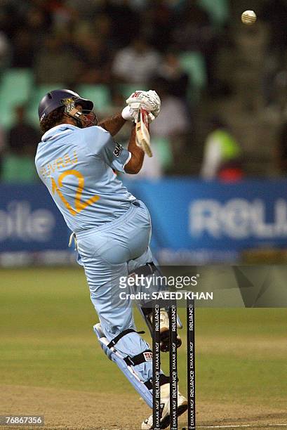 Indian cricket team player Yuvraj Singh hits a sixer in the ICC World Twenty20 cricket championship match against England at the Kingsmead Cricket...