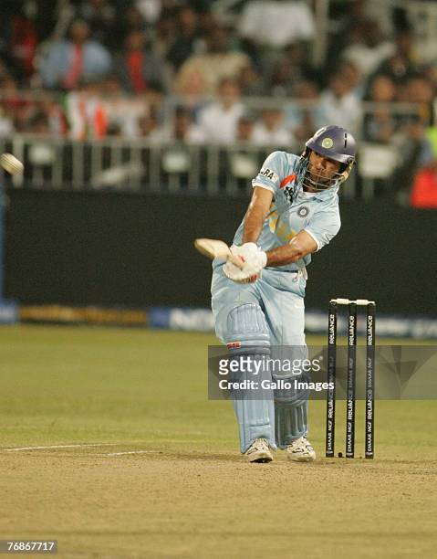 September: Yuvraj Singh of India hits six sixes off Stuart Broad of England in one over for his 58 runs off 16 balls during the ICC Twenty20 Cricket...