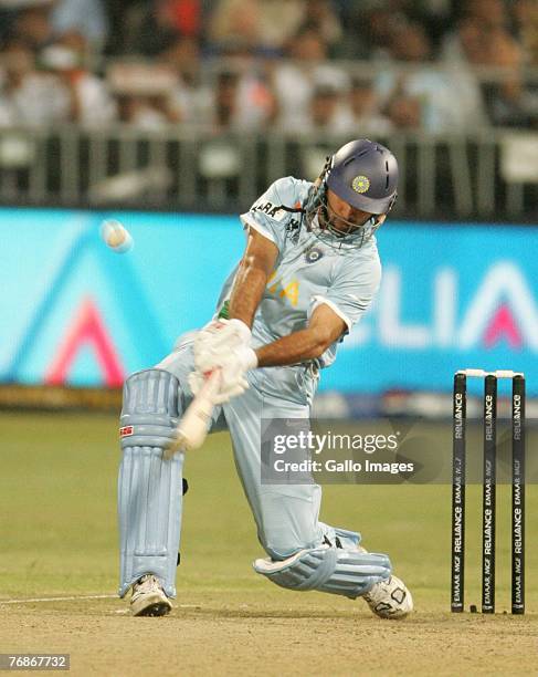 September: Yuvraj Singh of India hits six sixes off Stuart Broad of England in one over for his 58 runs off 16 balls during the ICC Twenty20 Cricket...