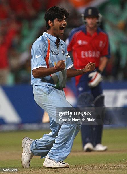 Singh of India celebrates the wicket of Owais Shah of England with Paul Collingwood of England looking on during the ICC Twenty20 Cricket World...