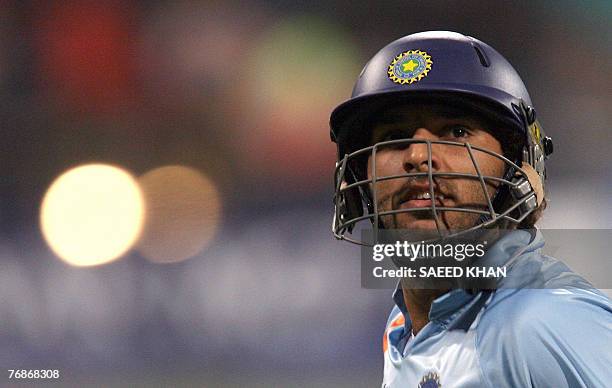 Indian cricket team player Yuvraj Singh leaves ground after his innings against England in the ICC World Twenty20 match at the Kingsmead Cricket...