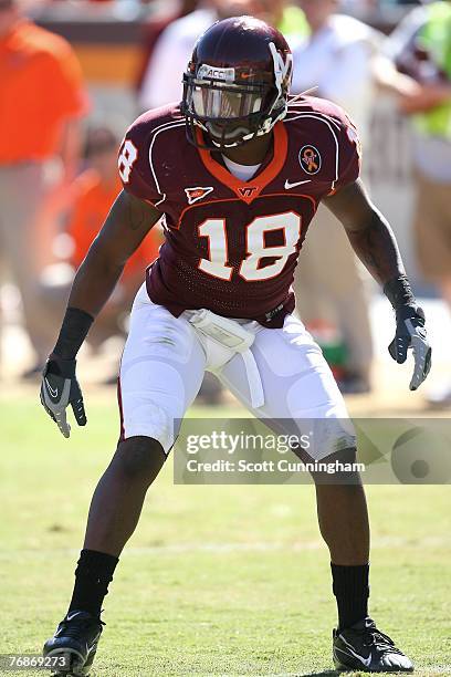 Brandon Flowers of the Virginia Tech Hokies defends against the Ohio Bobcats at Lane Stadium on September 15, 2007 in Blacksburg Virginia.