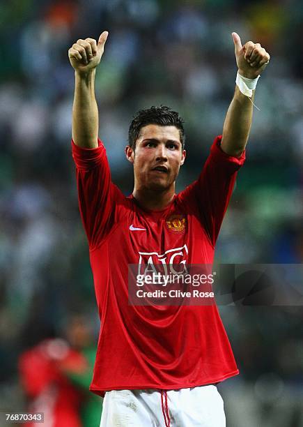 Cristiano Ronaldo of Manchester United celebrates to the United fans after the UEFA Champions League Group F match between Sporting Lisbon and...
