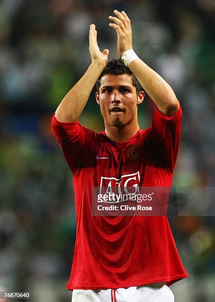 Cristiano Ronaldo of Manchester United celebrates to the United fans after the UEFA Champions League Group F match between Sporting Lisbon and...