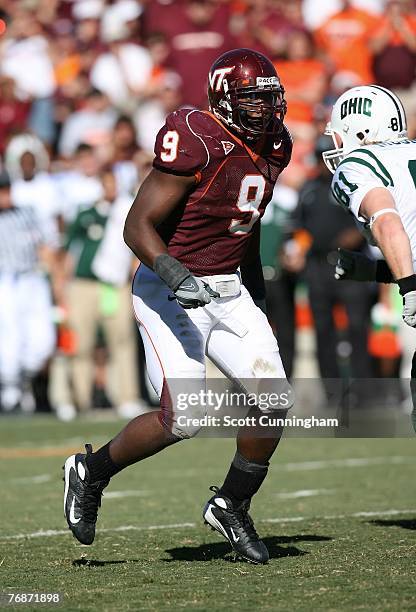 Vince Hall of the Virginia Tech Hokies defends against the Ohio Bobcats at Lane Stadium on September 15, 2007 in Blacksburg Virginia.