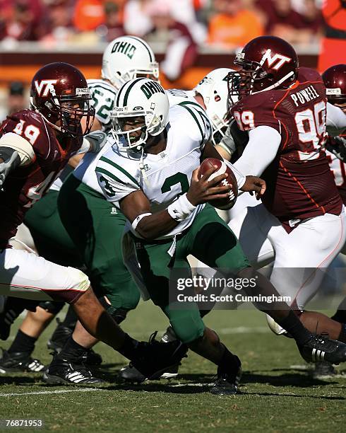 Theo Scott of the Ohio Bobcats carries the ball against the Virginia Tech Hokie at Lane Stadium on September 15, 2007 in Blacksburg Virginia.