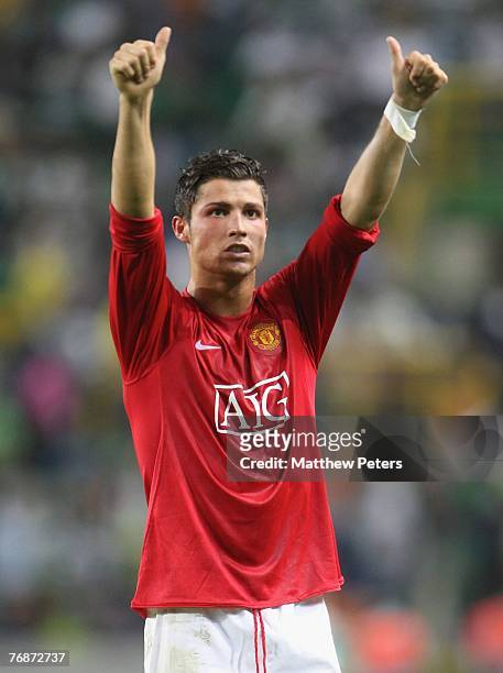 Cristiano Ronaldo of Manchester United applauds the fans the UEFA Champions League match between Sporting Lisbon and Manchester United at Jose...