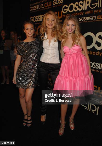 Leighton Meester, Blake Lively and Taylor Momsen arrive at "Gossip Girl" premiere party at TenJune on September 18, 2007 in New York City.