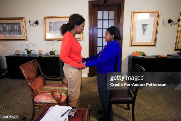 Oprah Winfrey interviews an unidentified candidate for her school for unprivileged girls on August 10, 2006 in Johannesburg, South Africa. Oprah has...