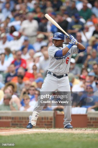 Tony Abreu of the Los Angeles Dodgers bats during the game against the Chicago Cubs at Wrigley Field in Chicago, Illinois on September 6, 2007. The...