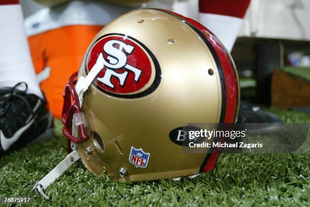 Detail view of a helmet of the San Francisco 49ers with a decal in memory of Bill Walsh during the NFL game against the St. Louis Rams at the Edward...