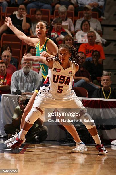 Seimone Augustus of the USA Women's Senior National Team fights for position against Laura Summerton of Australia on September 19, 2007 at the...