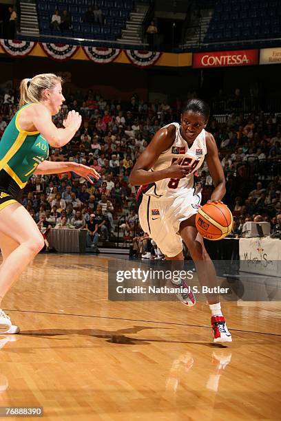 DeLisha Milton-Jones of the USA Women's Senior National Team drives against Carly Wilson of Australia on September 19, 2007 at the Mohegan Sun Arena...