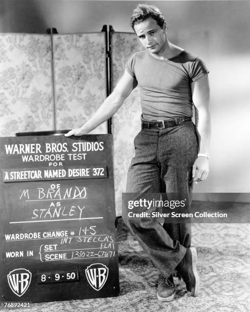 American actor Marlon Brando at Warner Brothers Studios to carry out a wardrobe test for his role as Stanley Kowalski in 'A Streetcar Named Desire',...