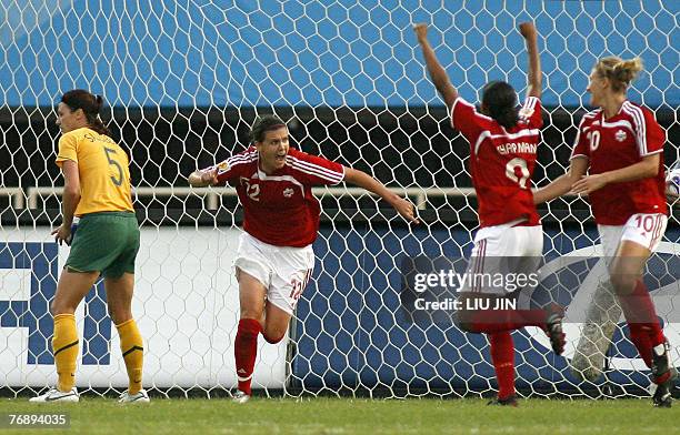 Canada's Christine Sinclair celebrates her goal during the Group C match against Australia of the FIFA Women's Football World Cup at Chengdu Sports...