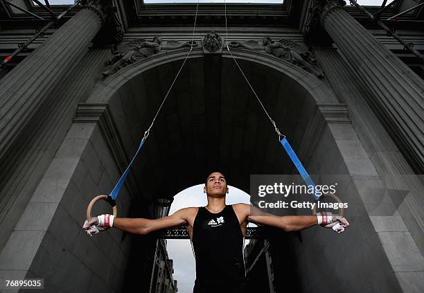 Gymnast Louis Smith in action on the rings under Marble Arch on September 20, 2007 in London, England. Adidas were announced as sponsors of London...