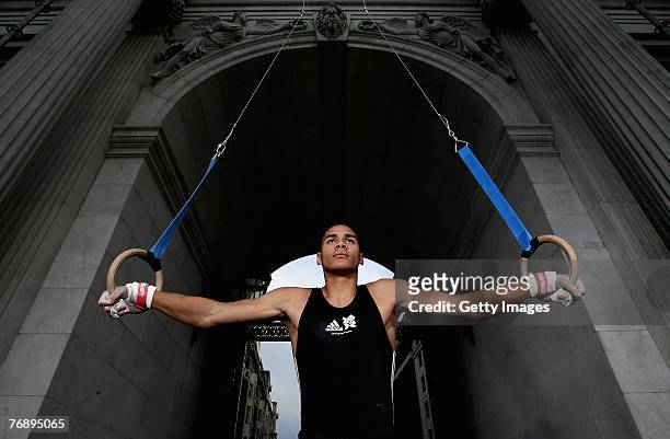 Gymnast Louis Smith in action on the rings under Marble Arch on September 20, 2007 in London, England. Adidas were announced as sponsors of London...
