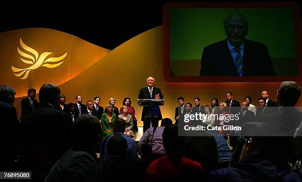 Rt. Hon. Sir Menzies Campbell addresses the Liberal Democrats as the leader of the party on the final day of their annual conference on September 20,...