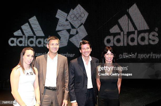 Beth Tweddle with Herbert Hainer CEO of Adidas, Lord Sebastain Coe and Nadia Comaneci at the Press Conference announcing Adidas as as a T1 sponsor of...