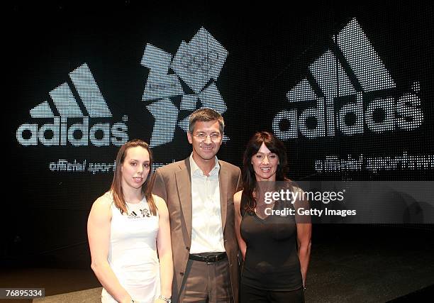 Beth Tweddle with Herbert Hainer CEO OF Adidas and Nadia Comaneci at the at the Press Conference announcing Adidas as as a T1 sponsor of the...