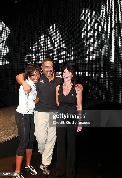 Denise Lewis with Daley Thompson and Nadia Comaneci at the Press Conference announcing Adidas as as a T1 sponsor of the London2012 Olympic Games held...