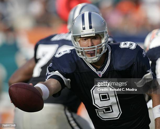 Tony Romo of the Dallas Cowboys during a game against the Miami Dolphins at Dolphin Stadium on September 16, 2007 in Miami, Florida.