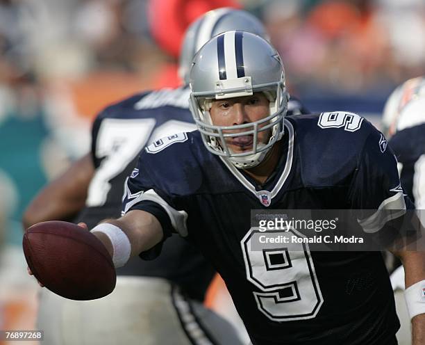 Tony Romo of the Dallas Cowboys during a game against the Miami Dolphins at Dolphin Stadium on September 16, 2007 in Miami, Florida.