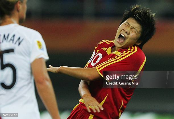 Ma Xiaoxu of China shows her frustration after missing a shot on goal during the FIFA Women's World Cup 2007 Group D match between China and New...