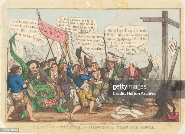 Cartoon depicting Irish statesman Daniel O'Connell leading an angry mob toward London to demand Catholic Emancipation, 1828.